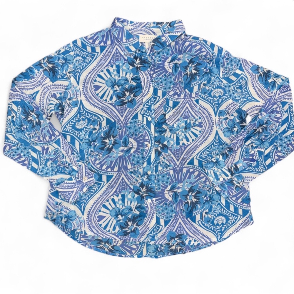 Calypso St Barth Cotton Button Down Shirt Blouse Size L Paisley Delft Resortwear